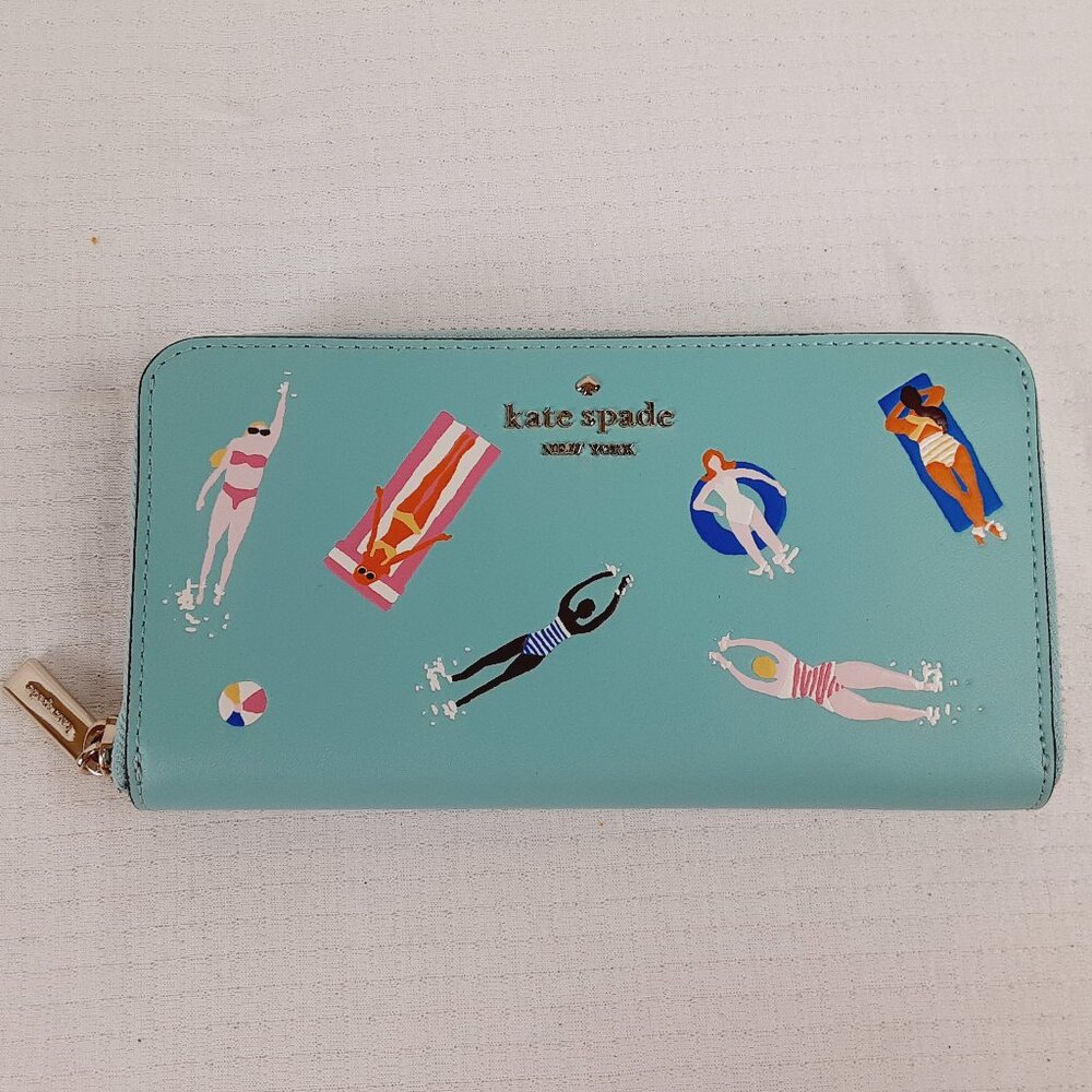 Kate Spade Pool Float Swimming Blue Continental Zip Wallet K7199 Large Leather